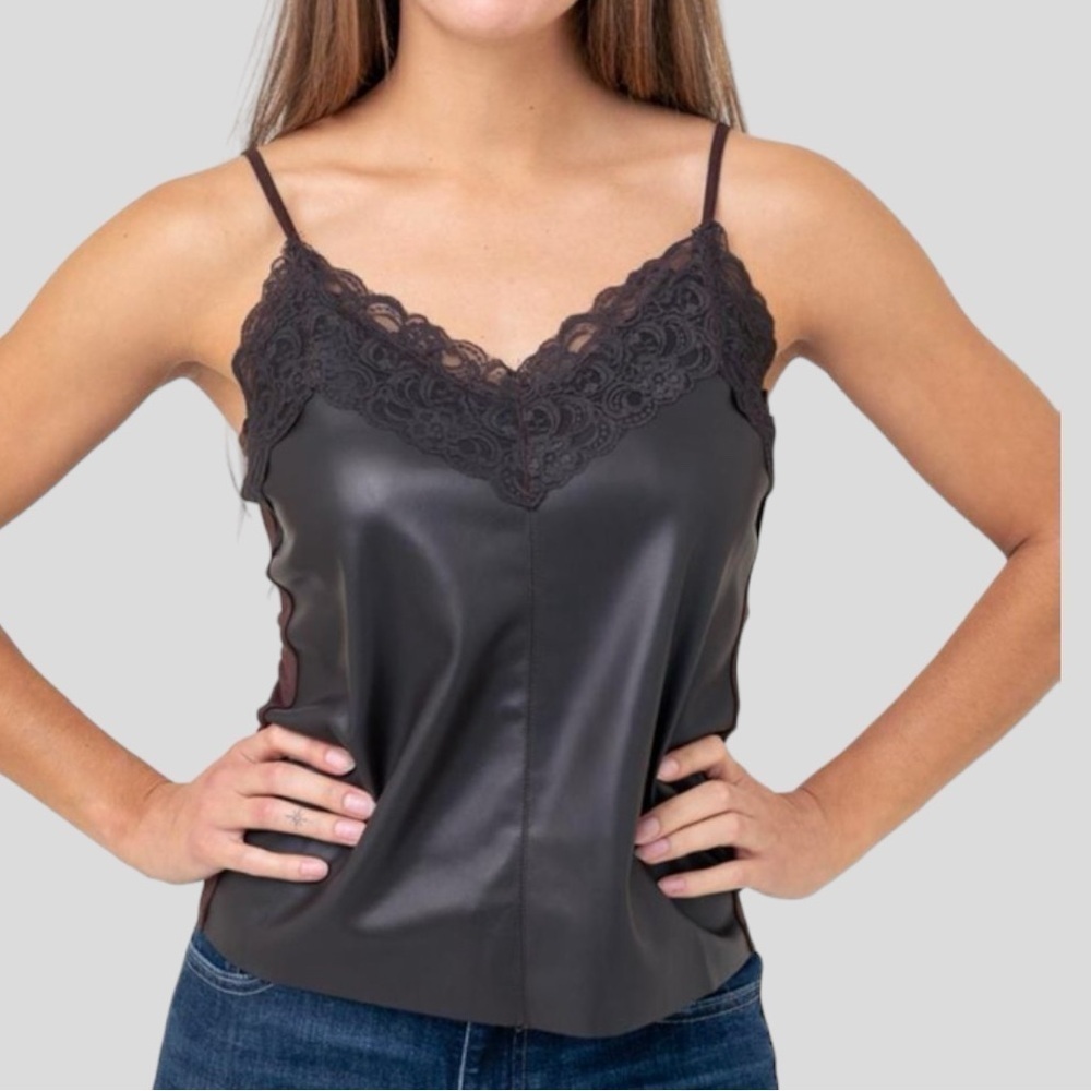 NWT‎ Bishop+Young Babydoll Vegan Leather & Lace Trim Cami Tank Sz. XS Biker Luxe